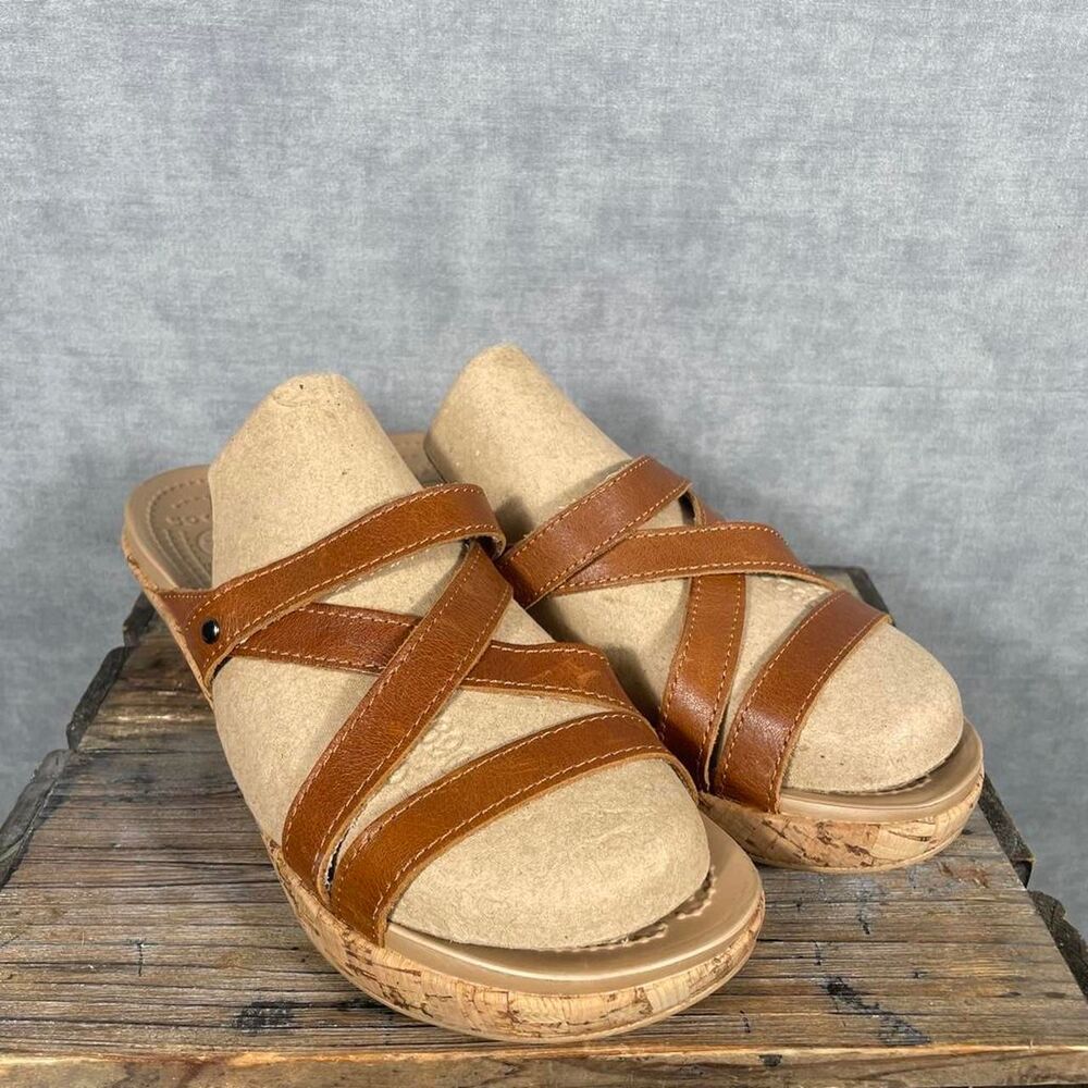 Crocs A-Leigh leather strappy cork wedge sandals